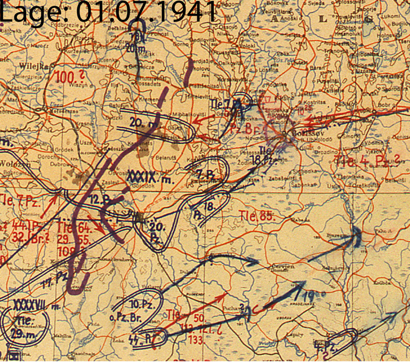 Положение немецких частей в районе Минска и Борисова на 1 июля 1941 г.